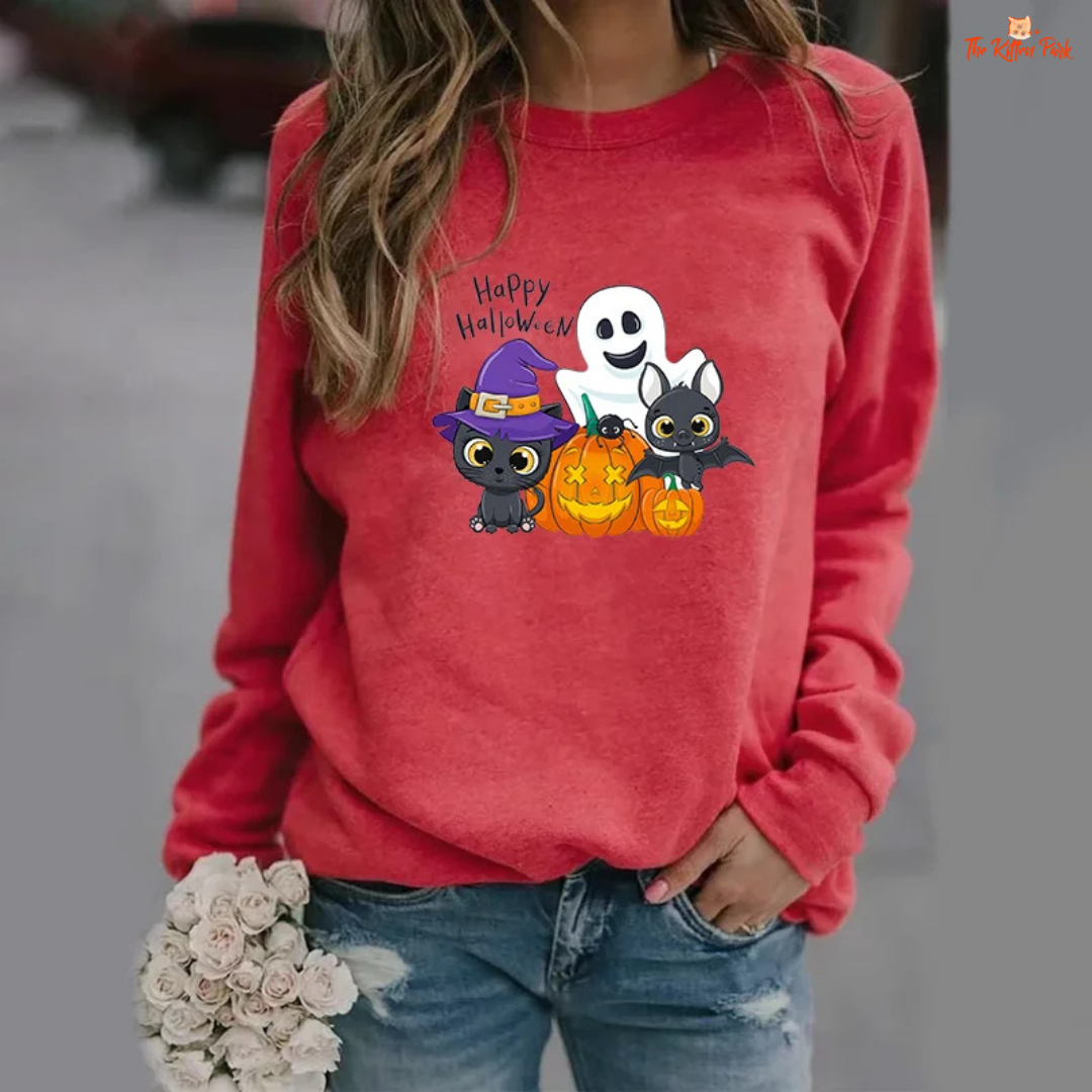 Halloween Cat Pumpkin Bat Ghost Graphic Print Sweatshirt – slim-fit women's pullover with cat, pumpkin, bat and ghost graphic prints and appliques; polyester fabric, O-neck, full sleeves, slight stretch; ideal for autumn and winter casual wear.