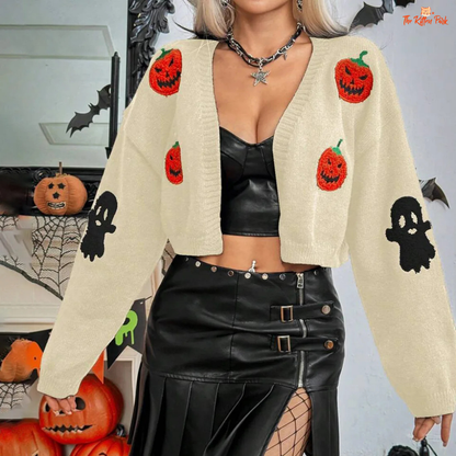 Halloween Embroidered Cardigan – Women's Knitted Jacket with skull embroidery, V-neck, loose fit, and open stitch design for autumn/winter streetwear.
