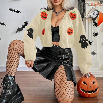 Halloween Embroidered Cardigan – Women's Knitted Jacket with skull embroidery, V-neck, loose fit, and open stitch design for autumn/winter streetwear.