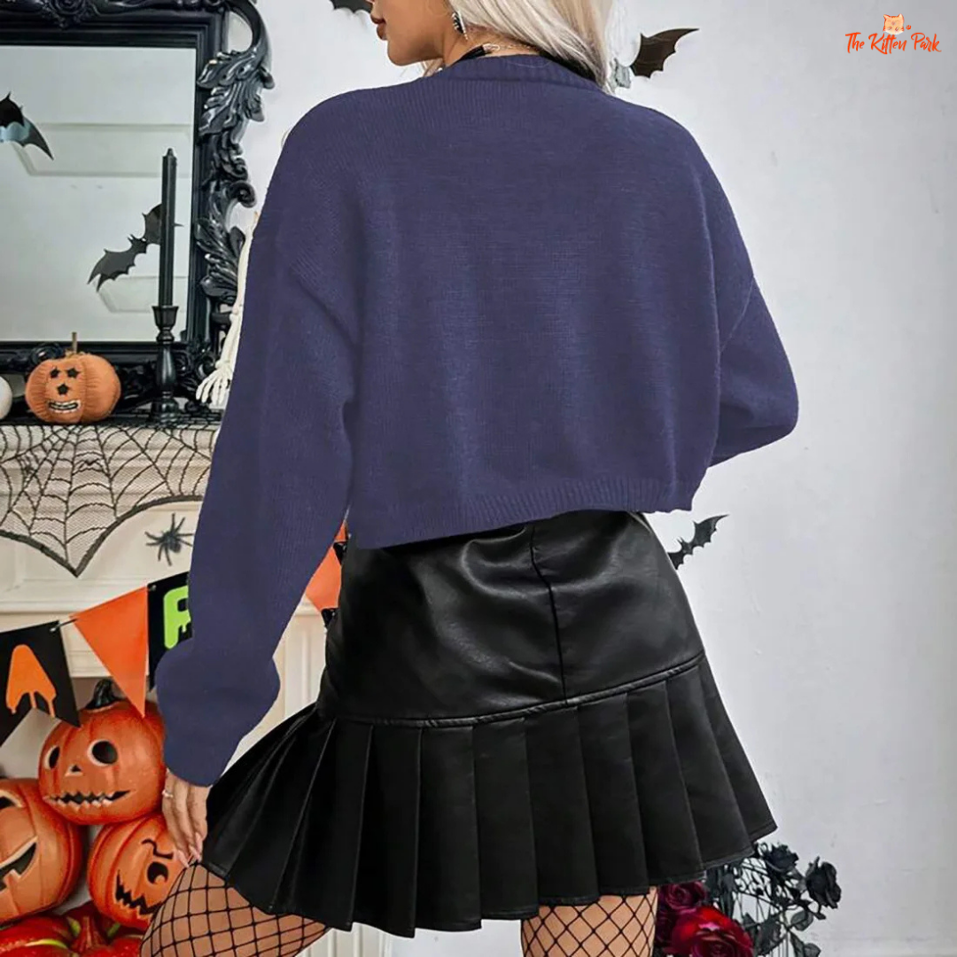 Halloween Embroidered Cardigan – Women's Knitted Jacket with skull embroidery, V-neck, loose fit, and open stitch design for autumn/winter streetwear.