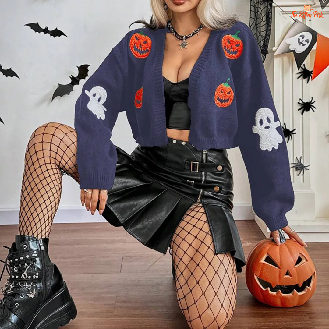 Halloween Embroidered Cardigan – Women's Knitted Jacket with skull embroidery, V-neck, loose fit, and open stitch design for autumn/winter streetwear.