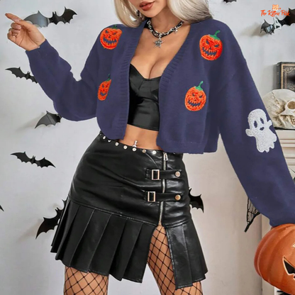 Halloween Embroidered Cardigan – Women's Knitted Jacket with skull embroidery, V-neck, loose fit, and open stitch design for autumn/winter streetwear.