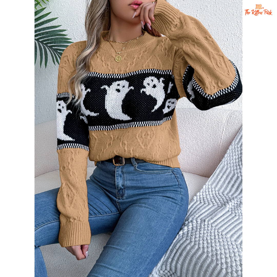Halloween Ghost Striped Sweater – Women's Casual Pullover with knit stripes, cartoon ghost design, O-neck, and regular fit for autumn/winter.