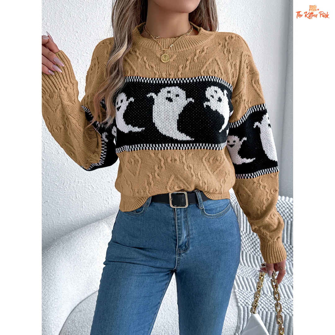 Halloween Ghost Striped Sweater – Women's Casual Pullover with knit stripes, cartoon ghost design, O-neck, and regular fit for autumn/winter.