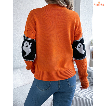 Halloween Ghost Striped Sweater – Women's Casual Pullover with knit stripes, cartoon ghost design, O-neck, and regular fit for autumn/winter.