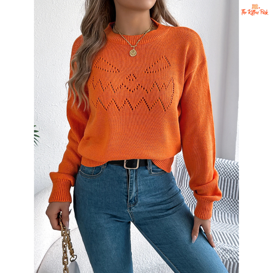 Halloween Pumpkin Sweater – Women's Autumn Winter 2025 with knit design, O-neck, hollow-out detail, and cozy festive pumpkin vibe.