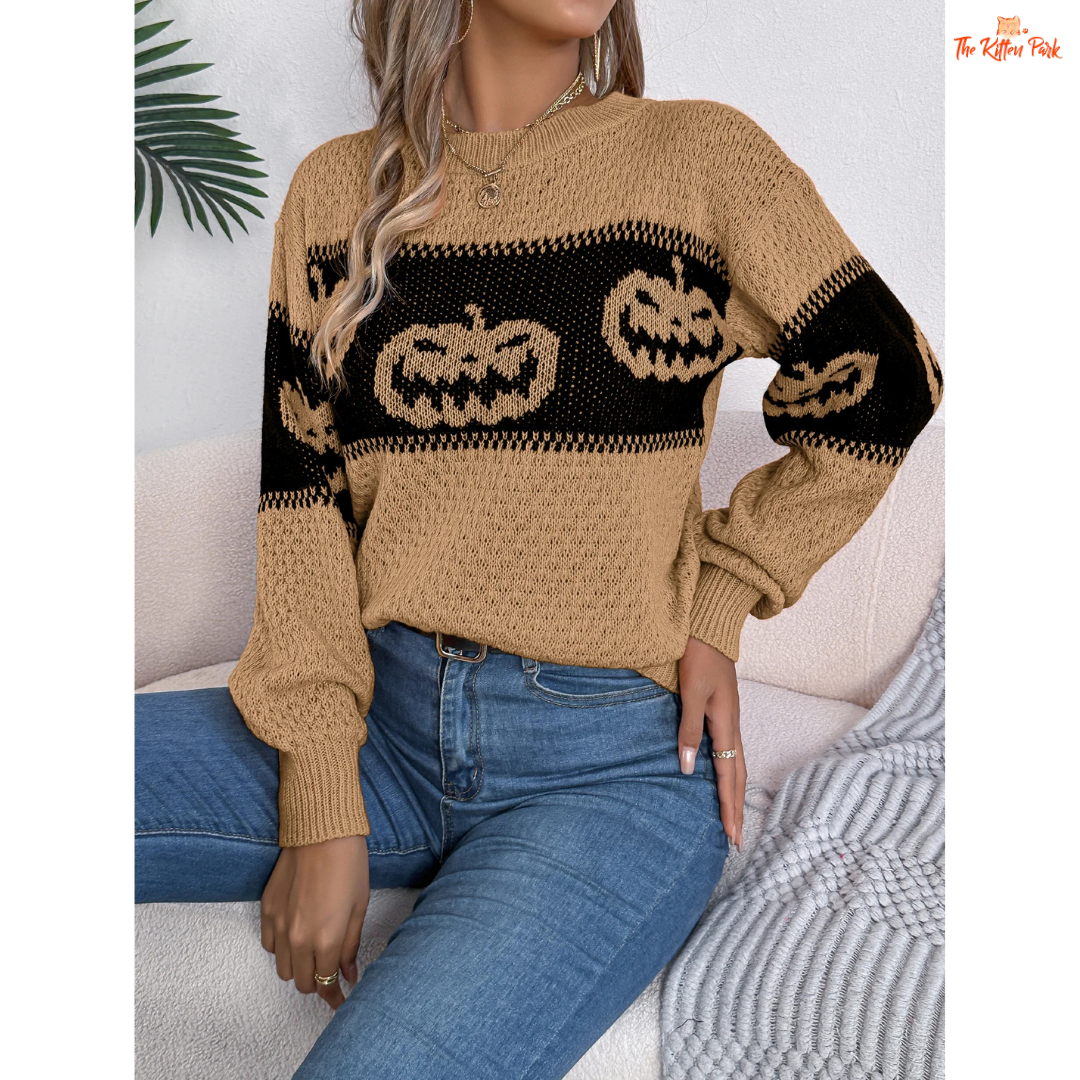 Halloween Pumpkin Sweater – Women's Casual Pullover with striped pumpkin-themed knit, O-neck, full sleeves, and cozy acrylic fabric for autumn style.