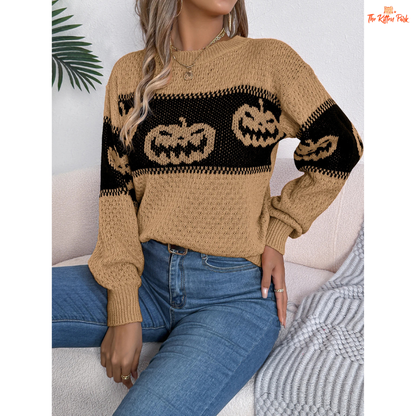 Halloween Pumpkin Sweater – Women's Casual Pullover with striped pumpkin-themed knit, O-neck, full sleeves, and cozy acrylic fabric for autumn style.