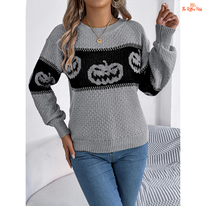 Halloween Pumpkin Sweater – Women's Casual Pullover with striped pumpkin-themed knit, O-neck, full sleeves, and cozy acrylic fabric for autumn style.