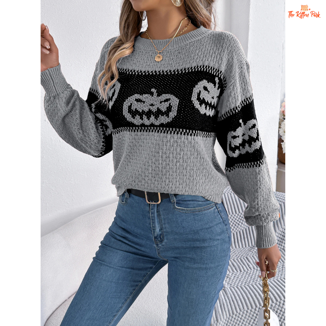 Halloween Pumpkin Sweater – Women's Casual Pullover with striped pumpkin-themed knit, O-neck, full sleeves, and cozy acrylic fabric for autumn style.