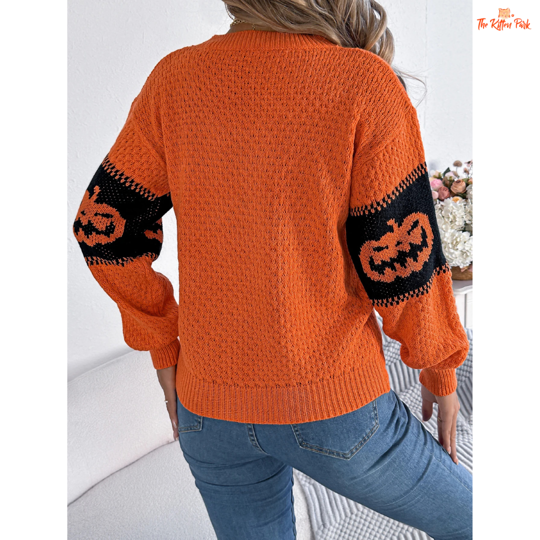 Halloween Pumpkin Sweater – Women's Casual Pullover with striped pumpkin-themed knit, O-neck, full sleeves, and cozy acrylic fabric for autumn style.