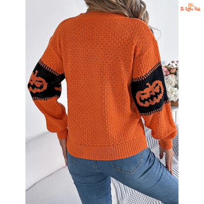 Halloween Pumpkin Sweater – Women's Casual Pullover with striped pumpkin-themed knit, O-neck, full sleeves, and cozy acrylic fabric for autumn style.