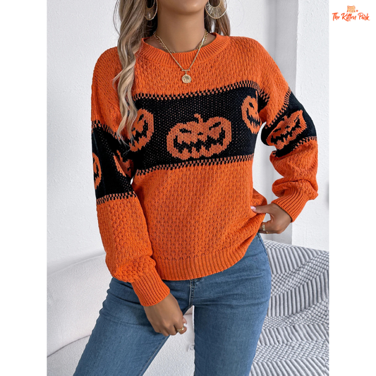 Halloween Pumpkin Sweater – Women's Casual Pullover with striped pumpkin-themed knit, O-neck, full sleeves, and cozy acrylic fabric for autumn style.