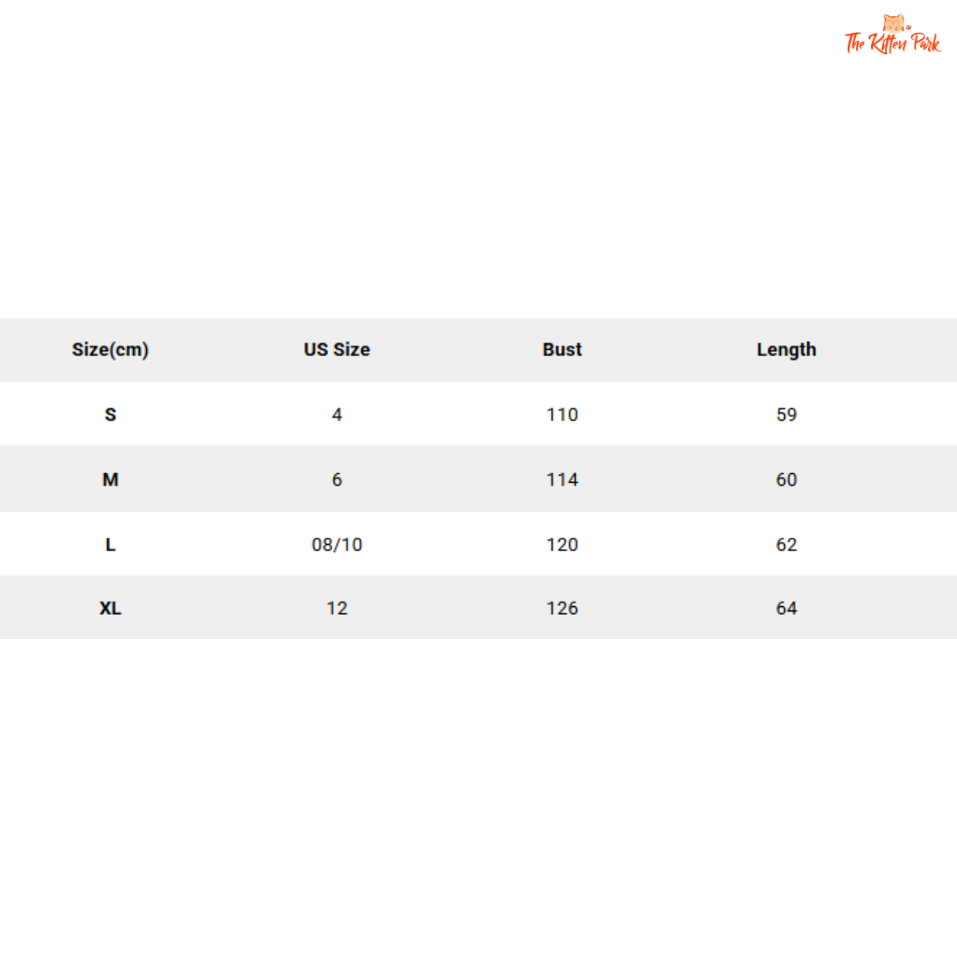 Size chart for clothing with US size, bust, and length measurements on a white background.