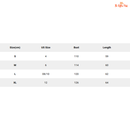 Size chart for clothing with US size, bust, and length measurements on a white background.