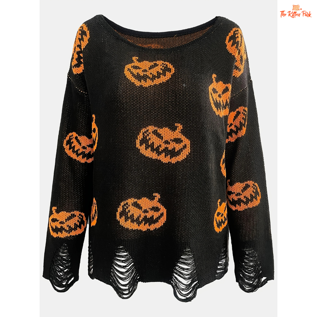 Halloween Wool Pullover – Women's Loose Round Neck Sweater with extra-heavy knit, casual fit, O-neck, and Halloween-themed design.