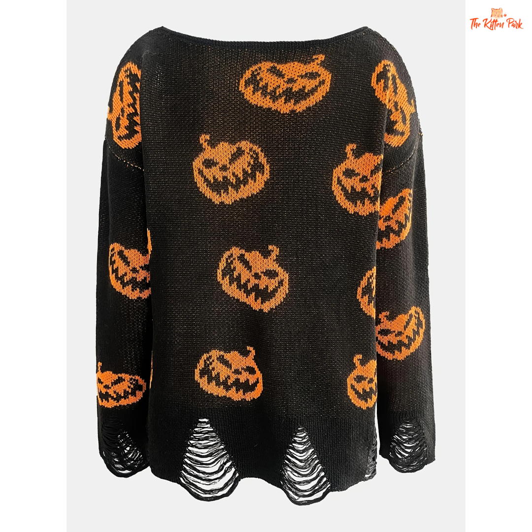 Halloween Wool Pullover – Women's Loose Round Neck Sweater with extra-heavy knit, casual fit, O-neck, and Halloween-themed design.