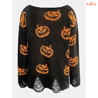 Halloween Wool Pullover – Women's Loose Round Neck Sweater with extra-heavy knit, casual fit, O-neck, and Halloween-themed design.