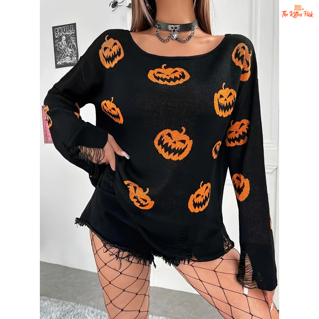 Halloween Wool Pullover – Women's Loose Round Neck Sweater with extra-heavy knit, casual fit, O-neck, and Halloween-themed design.
