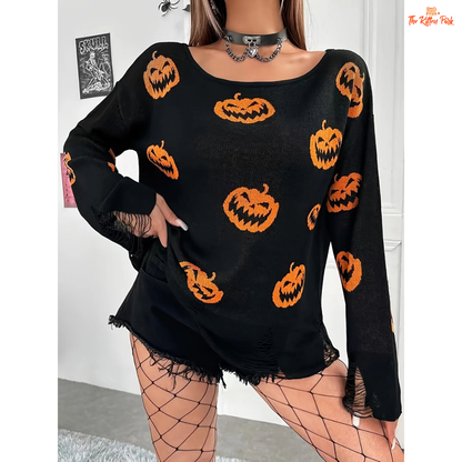 Halloween Wool Pullover – Women's Loose Round Neck Sweater with extra-heavy knit, casual fit, O-neck, and Halloween-themed design.