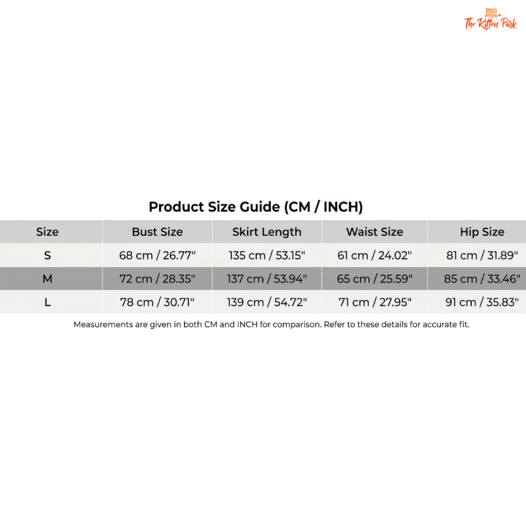 Product size guide with measurements in centimeters and inches for bust, skirt length, waist, and hip sizes.