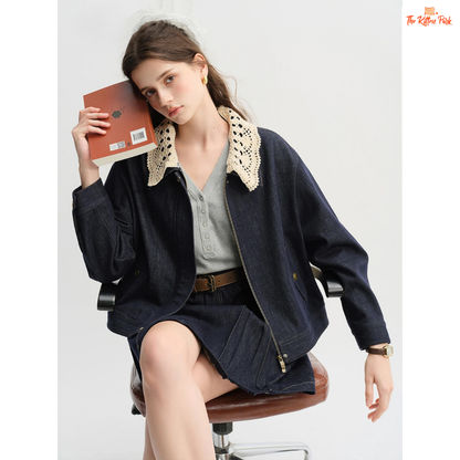 Handmade Crocheted Collar Denim Jacket – Sweet & Cool 2025 Autumn Short Coat
