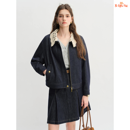 Handmade Crocheted Collar Denim Jacket – Sweet & Cool 2025 Autumn Short Coat