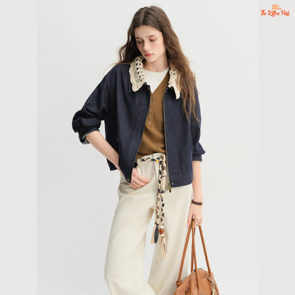 Handmade Crocheted Collar Denim Jacket – Sweet & Cool 2025 Autumn Short Coat