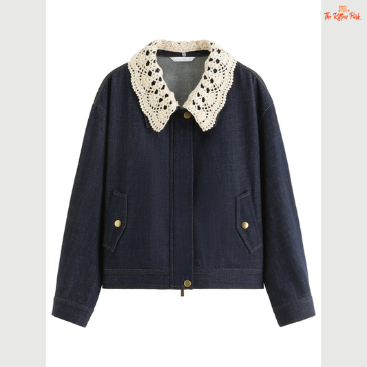 Handmade Crocheted Collar Denim Jacket – Sweet & Cool 2025 Autumn Short Coat