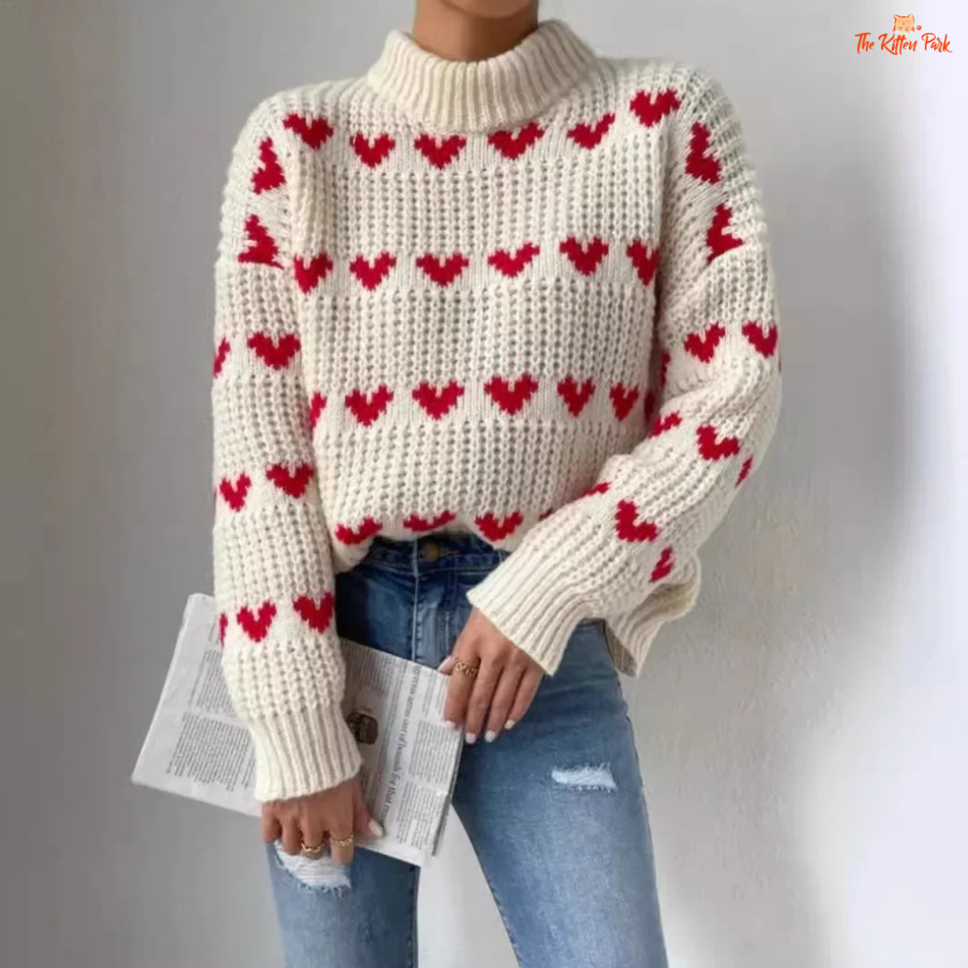 Heart Jacquard Pullover — crew-neck loose knit pullover with heart jacquard and appliqué detail, pullover closure, ideal for spring and autumn layering.