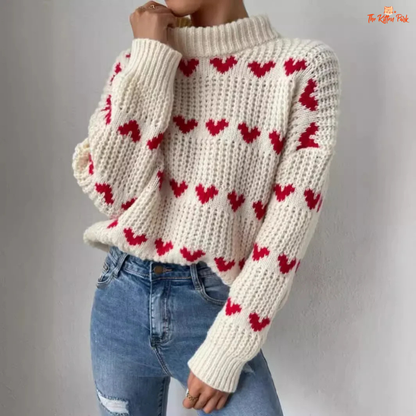 Heart Jacquard Pullover — crew-neck loose knit pullover with heart jacquard and appliqué detail, pullover closure, ideal for spring and autumn layering.