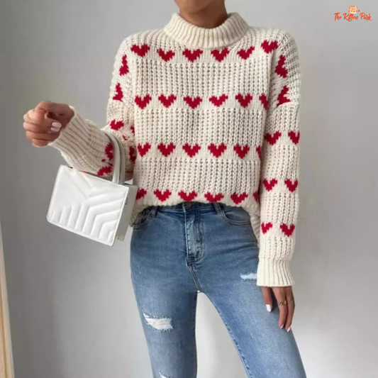 Heart Jacquard Pullover — crew-neck loose knit pullover with heart jacquard and appliqué detail, pullover closure, ideal for spring and autumn layering.