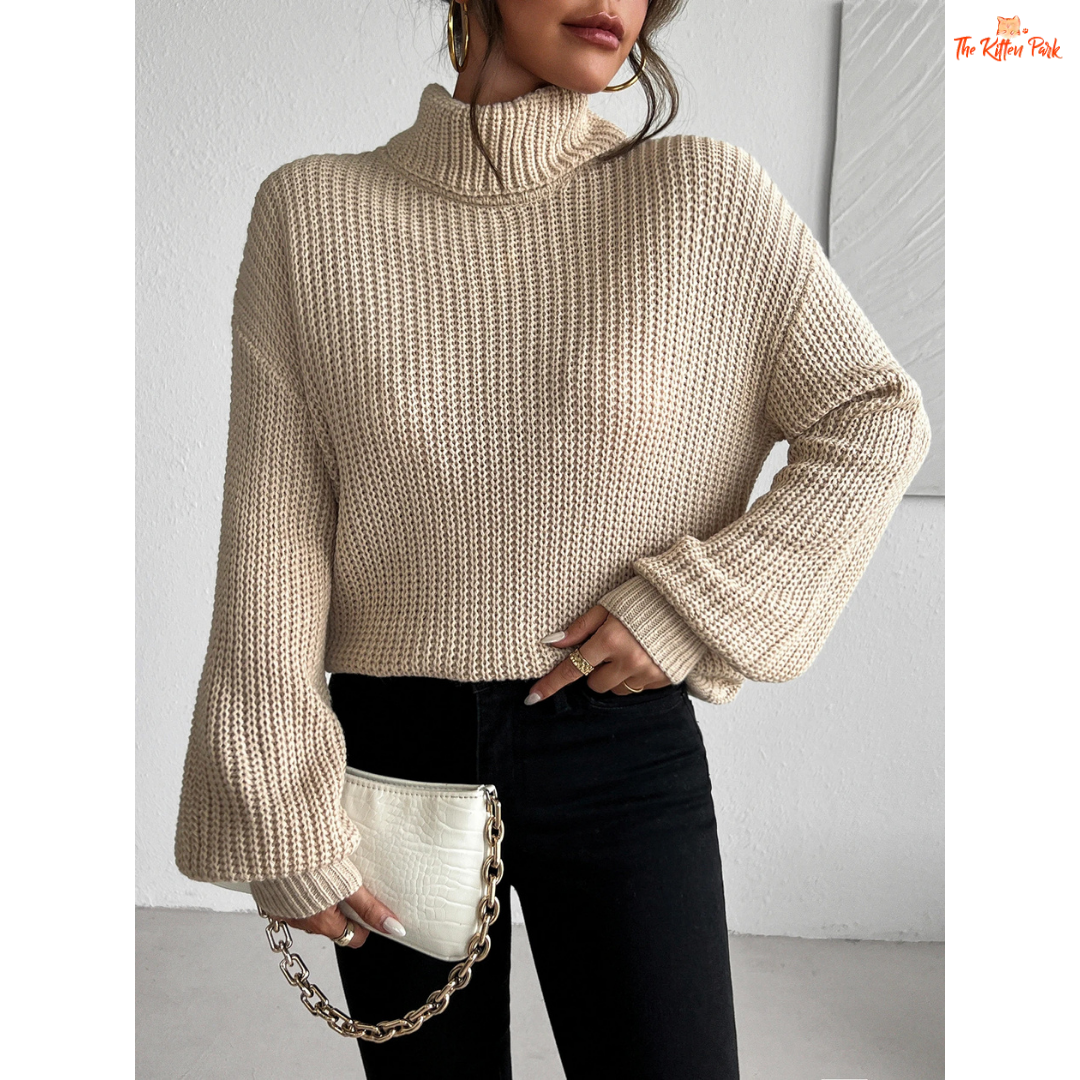 High Neck Pullover Sweater featuring a turtleneck design, heavyweight acrylic knit, and regular fit — perfect for cozy autumn and winter wear.
