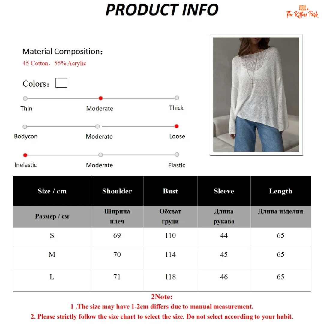 Product information sheet with material composition, color options, size chart, and a person wearing a white sweater.