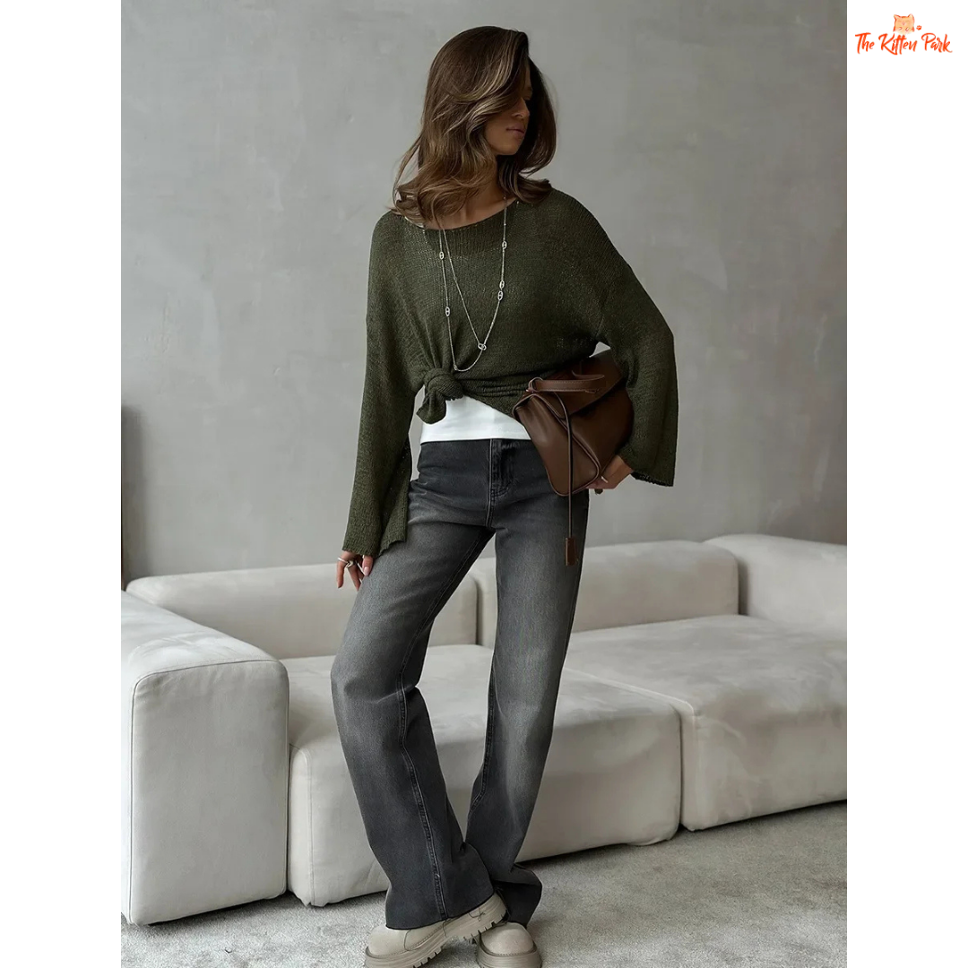 Hollow Knit Long Sleeve Sweater for women, lightweight cotton-acrylic blend, loose fit, O-neck casual top for summer.