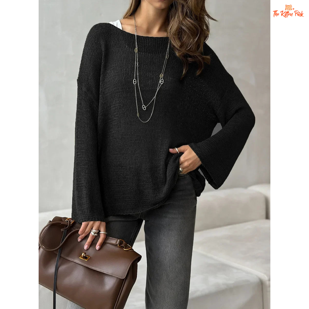 Hollow Knit Long Sleeve Sweater for women, lightweight cotton-acrylic blend, loose fit, O-neck casual top for summer.