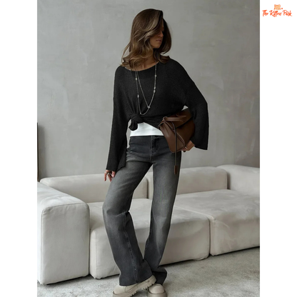 Hollow Knit Long Sleeve Sweater for women, lightweight cotton-acrylic blend, loose fit, O-neck casual top for summer.