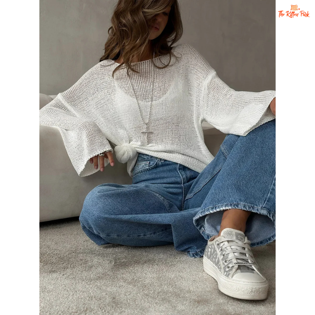 Hollow Knit Long Sleeve Sweater for women, lightweight cotton-acrylic blend, loose fit, O-neck casual top for summer.