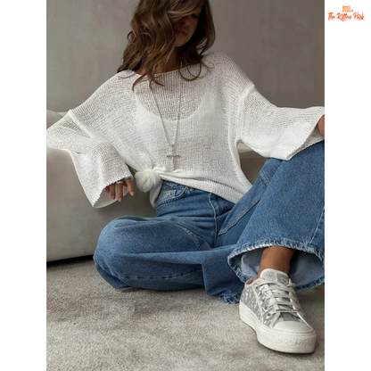 Hollow Knit Long Sleeve Sweater for women, lightweight cotton-acrylic blend, loose fit, O-neck casual top for summer.