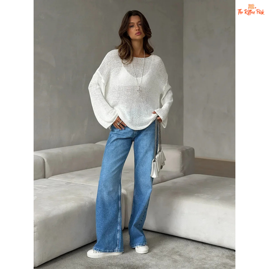 Hollow Knit Long Sleeve Sweater for women, lightweight cotton-acrylic blend, loose fit, O-neck casual top for summer.