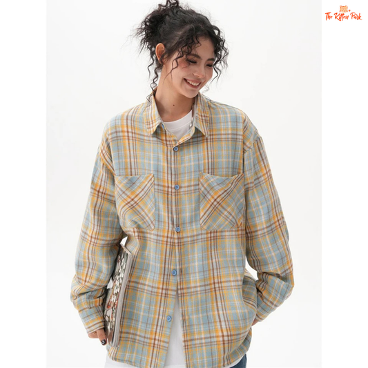 Oversized vintage plaid shirt for women featuring full sleeves, a regular length, single-breasted closure, and soft cotton blend for cozy fall wear.