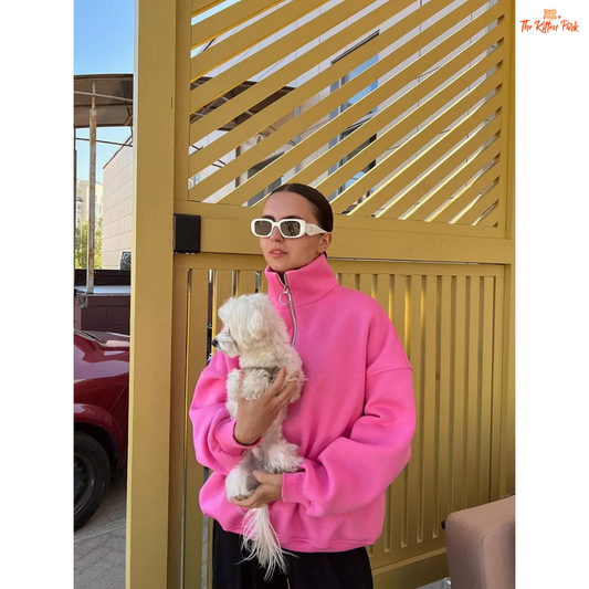 Cozy oversized fleece sweatshirt for women with wool liner, stand collar, drop sleeves, and loose fit — casual autumn/winter pullover in cotton-polyester blend.