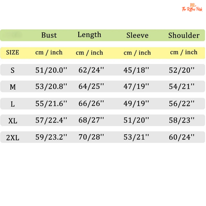 Size chart for clothing with measurements in centimeters and inches.