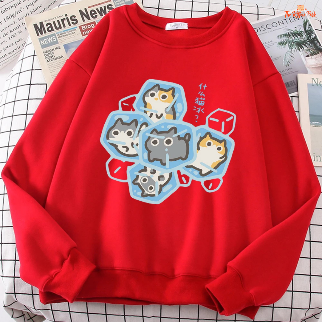 Red sweatshirt with cartoon cat design on a checkered surface