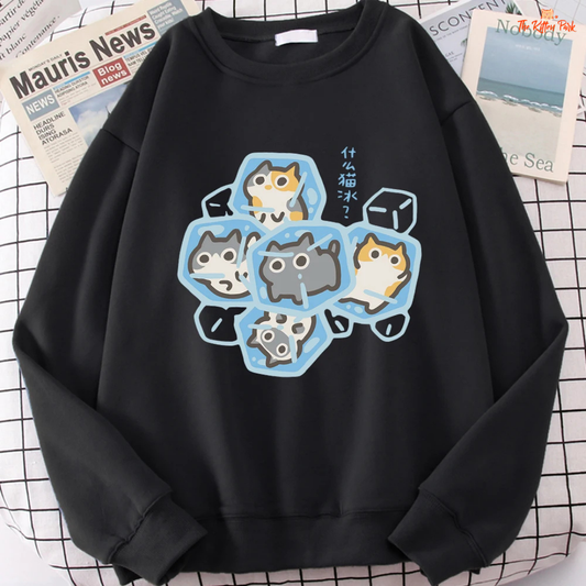 Black sweatshirt with cartoon cat design on a checkered background