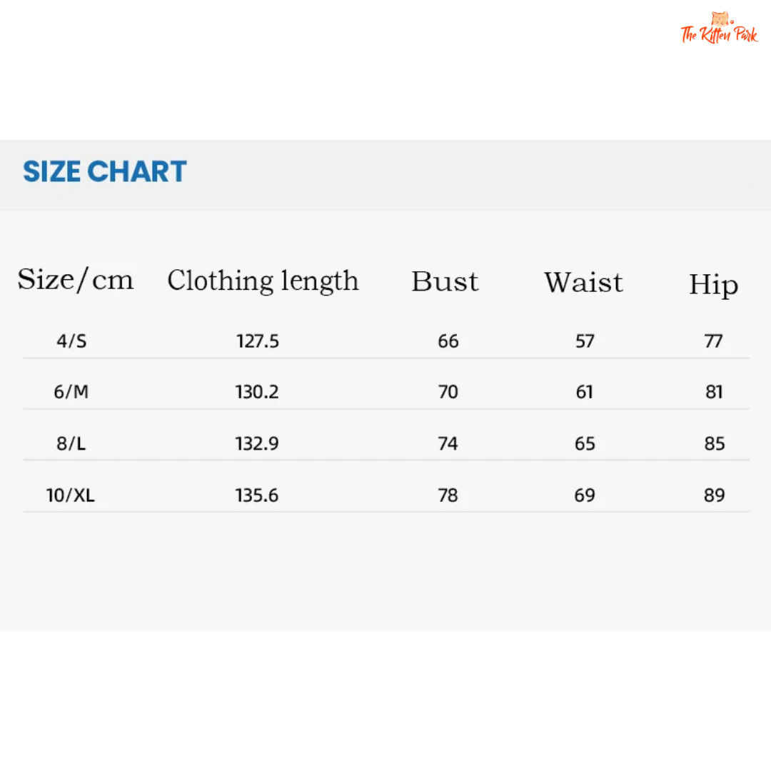 Size chart for clothing with measurements in centimeters and inches