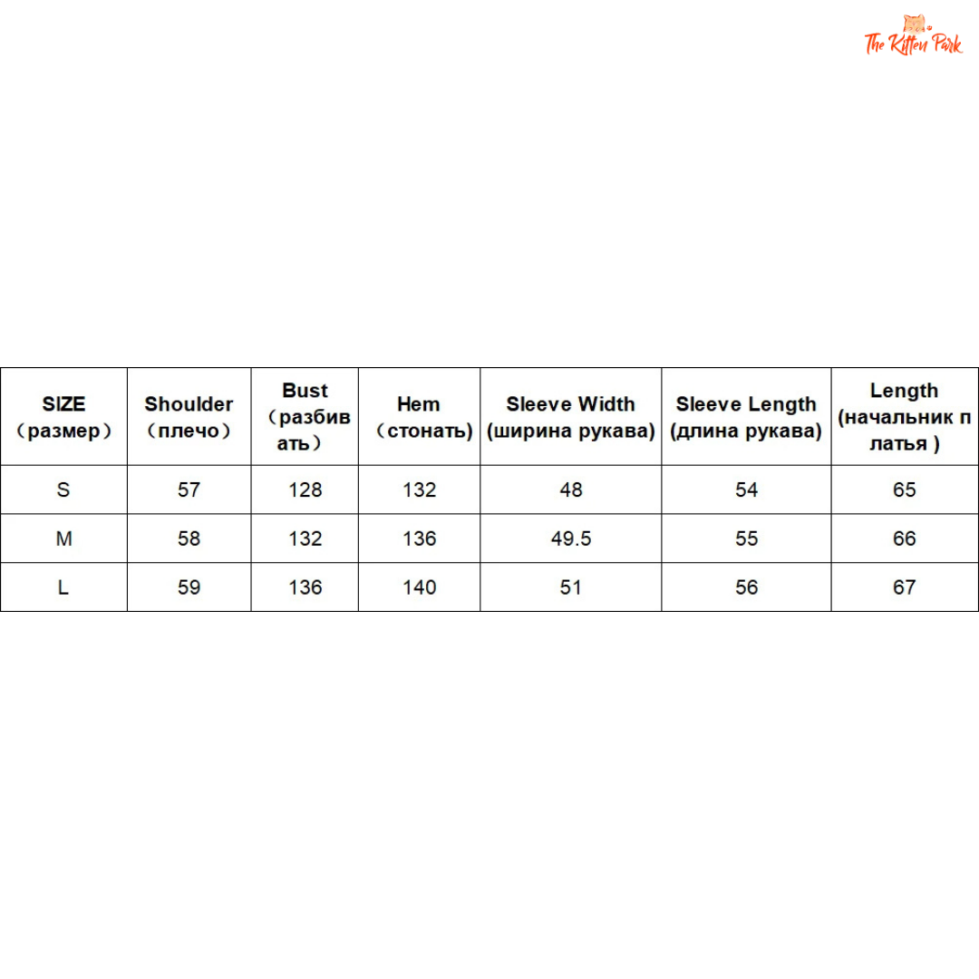 Size chart for clothing with measurements in millimeters