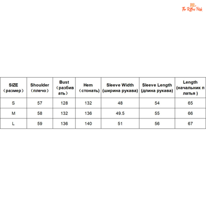 Size chart for clothing with measurements in millimeters