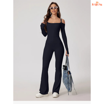 Women's full-sleeve yoga flared jumpsuit with utility pockets, quick-dry nylon-spandex fabric, ideal for running, yoga, and gym workouts year-round.