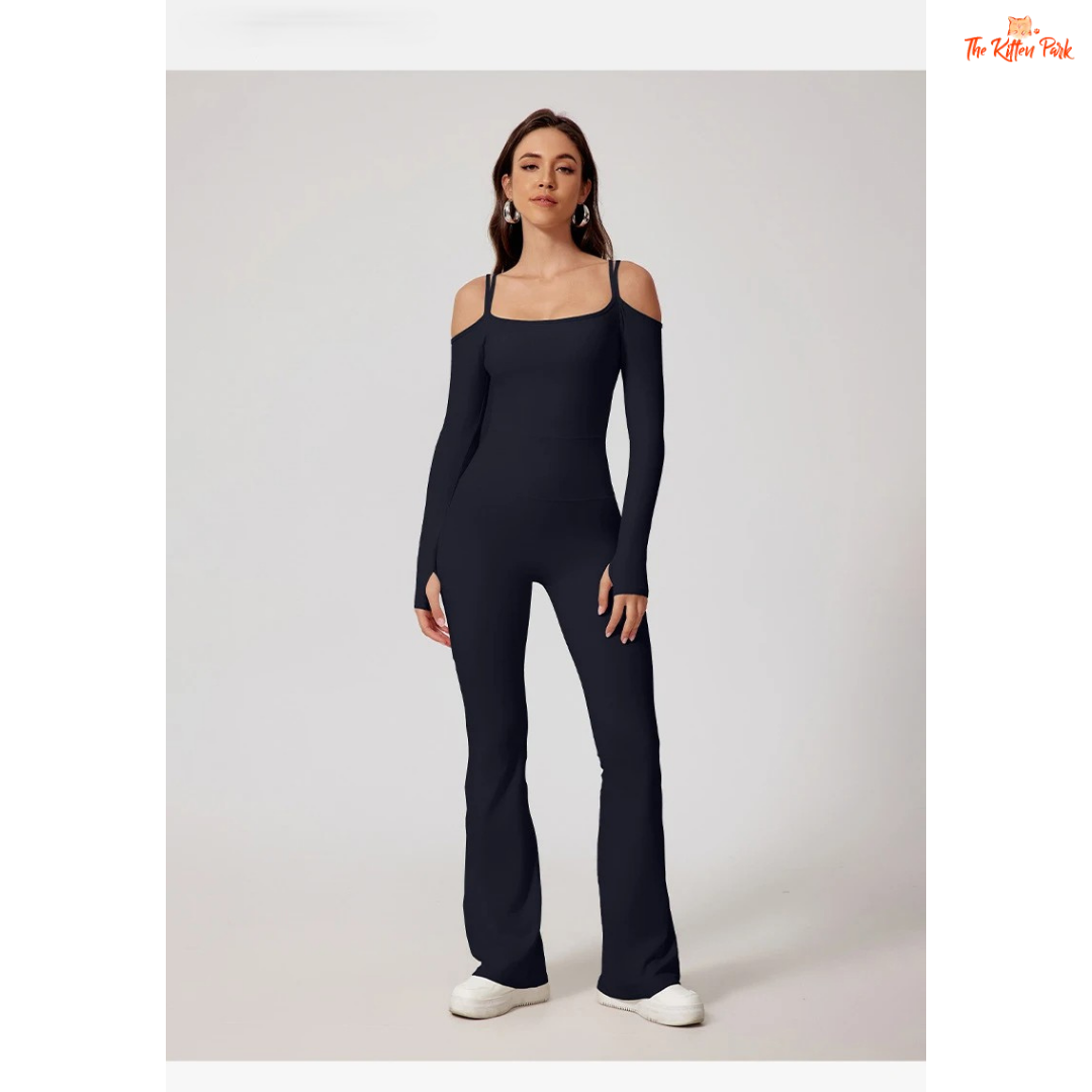 Women's full-sleeve yoga flared jumpsuit with utility pockets, quick-dry nylon-spandex fabric, ideal for running, yoga, and gym workouts year-round.